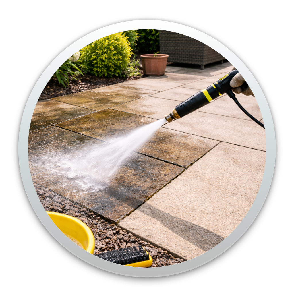 Nettoyage de terrasse, pavés, dallage avec eau à haute pression