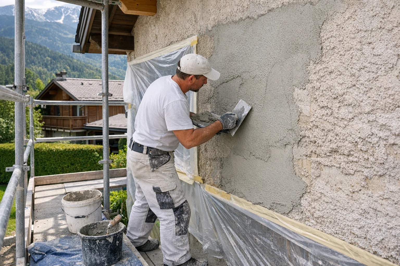 Application d'enduit sur une façade en rénovation