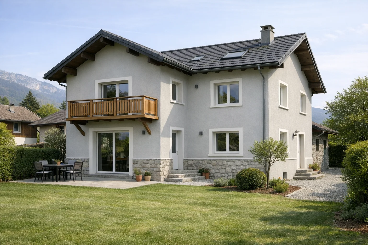 Maison avec façade rénovée et enduit clair