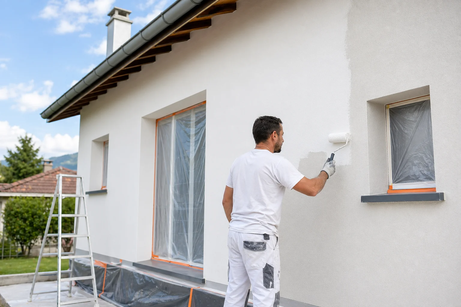 Maison avec façade repeinte et extérieurs nets