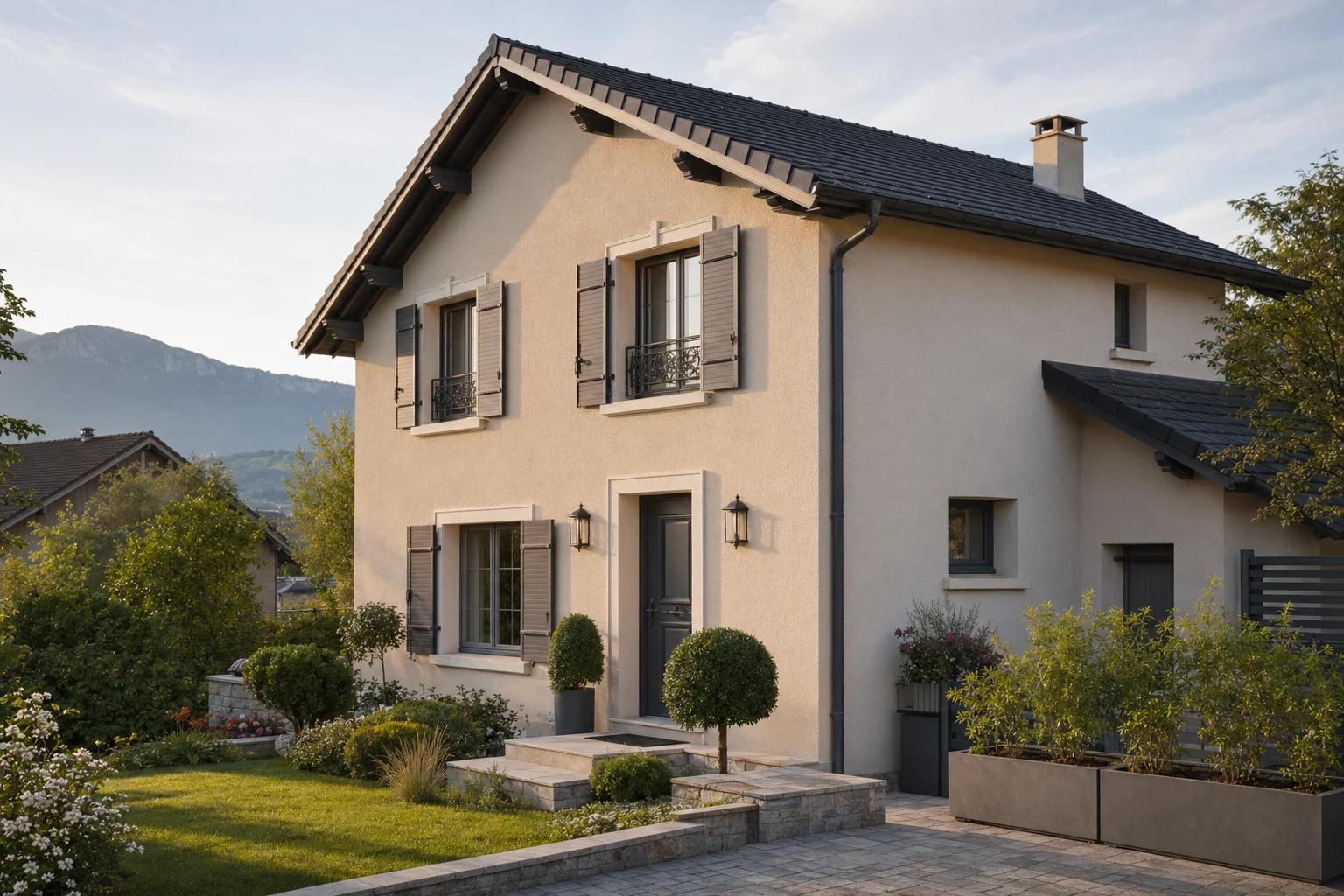 Maison avec façade rénovée et enduit clair